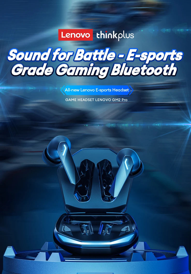 Glossy black wireless gaming earbuds with a modern, angular design, displayed in their matching open charging case.