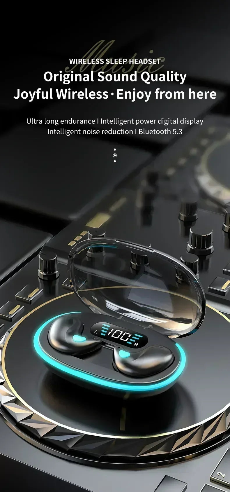 Black wireless earbuds in a translucent, glowing charging case with a digital battery display.