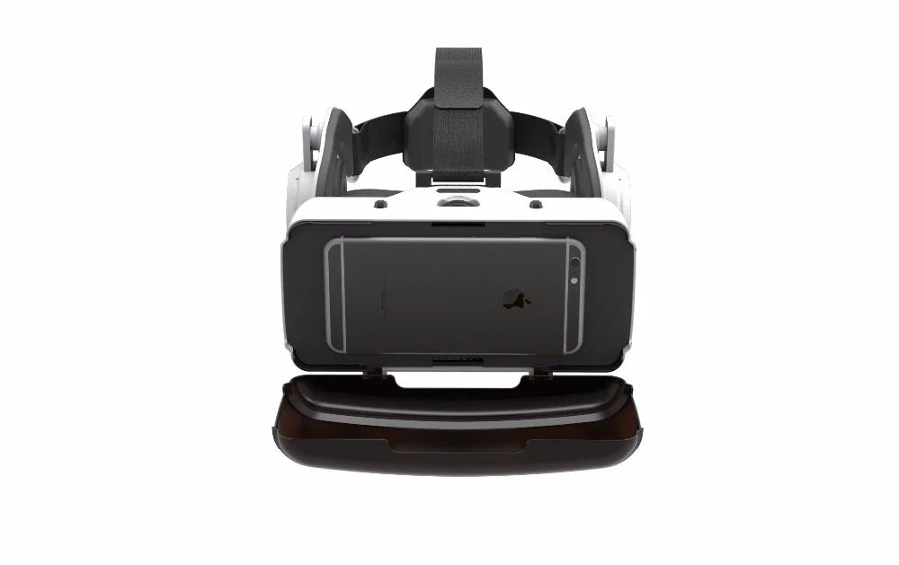 White and black VR headset for smartphones, featuring an open front compartment and adjustable head straps.