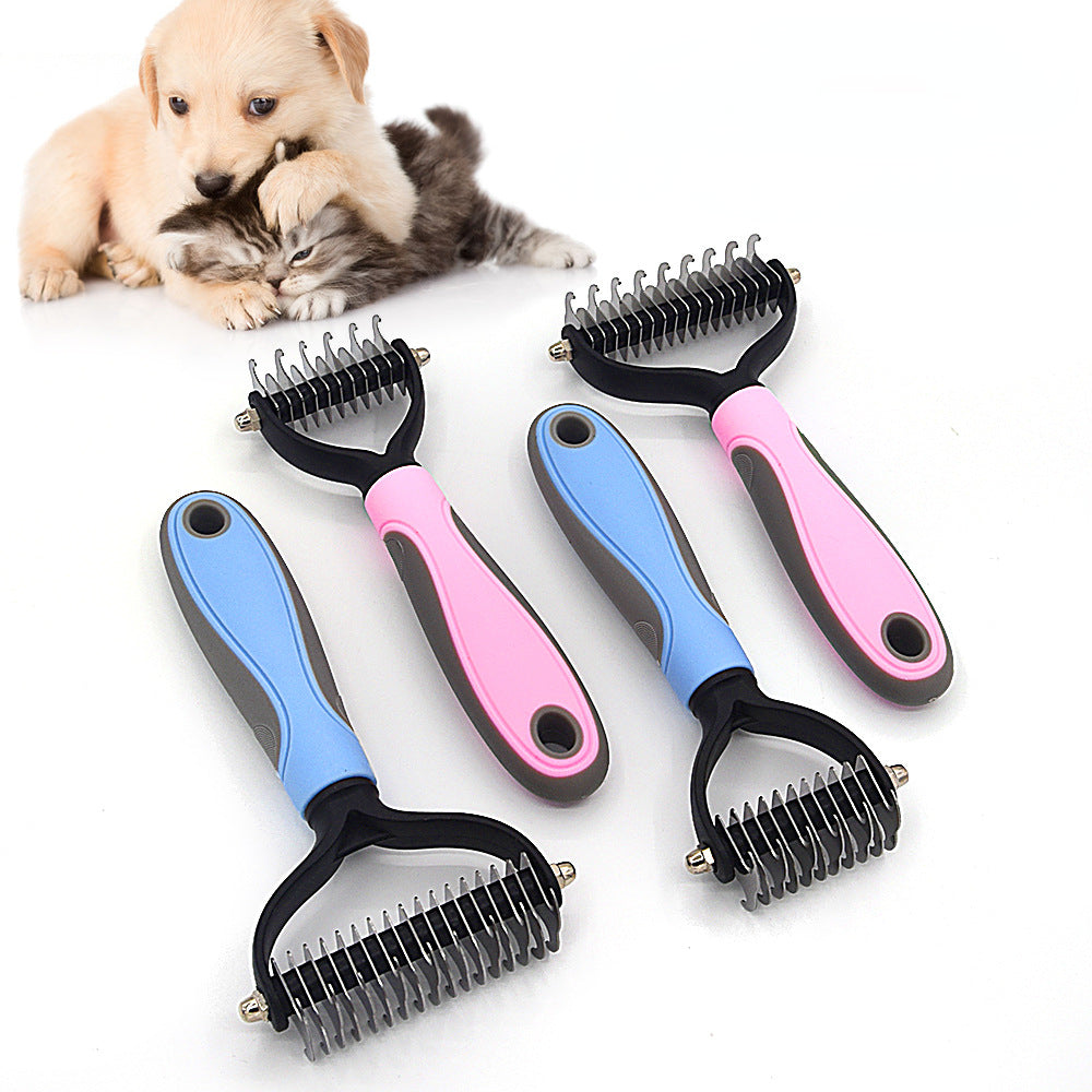 Four pet grooming rakes with metal teeth and blue or pink ergonomic handles, alongside a puppy and kitten.