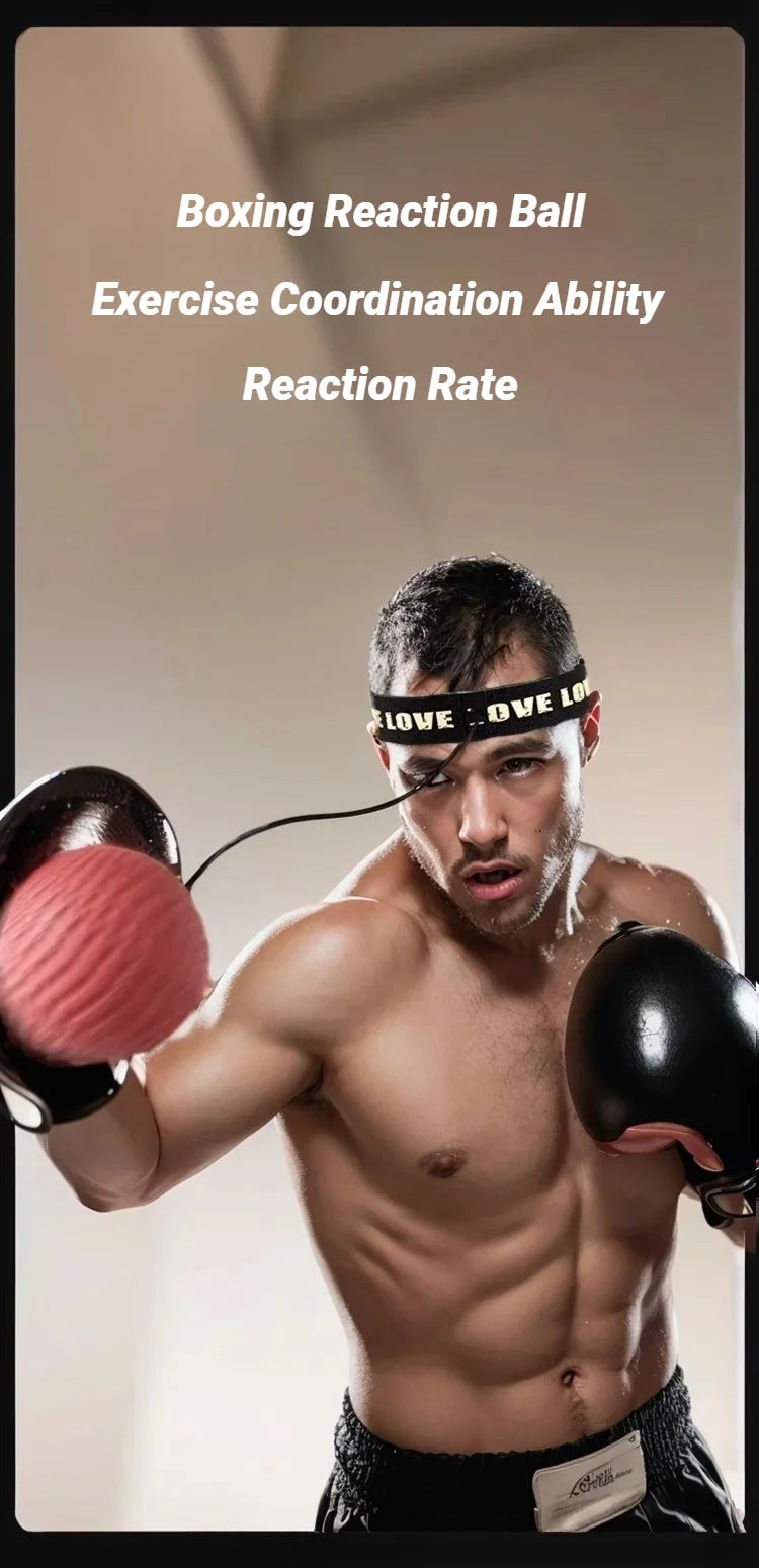 A shirtless man wearing a black "LOVE" headband uses a red boxing reaction ball attached to his head.
