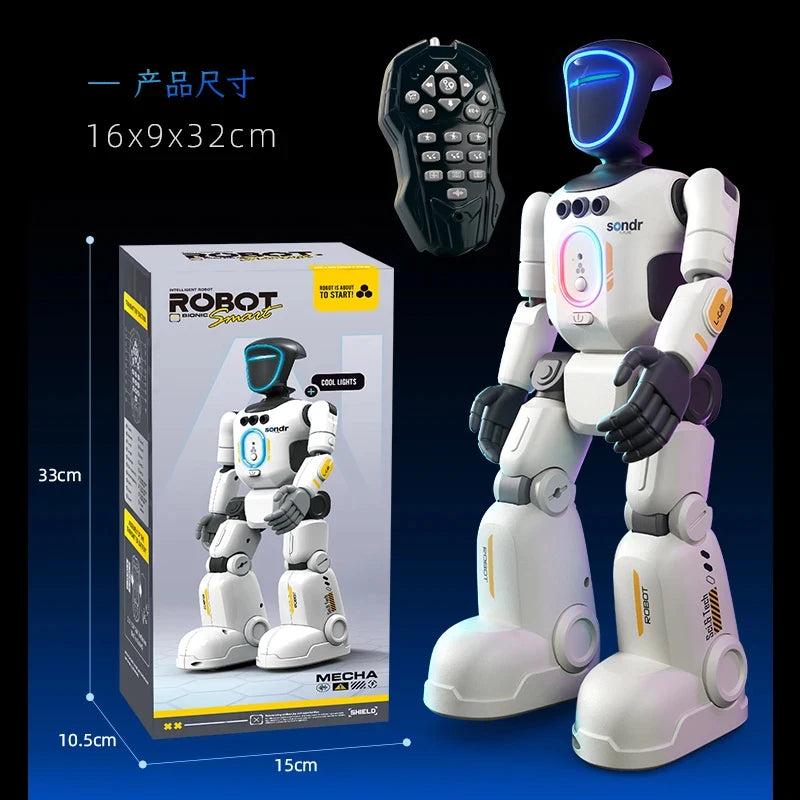 White and black toy robot with blue glowing visor, remote control, and packaging box.