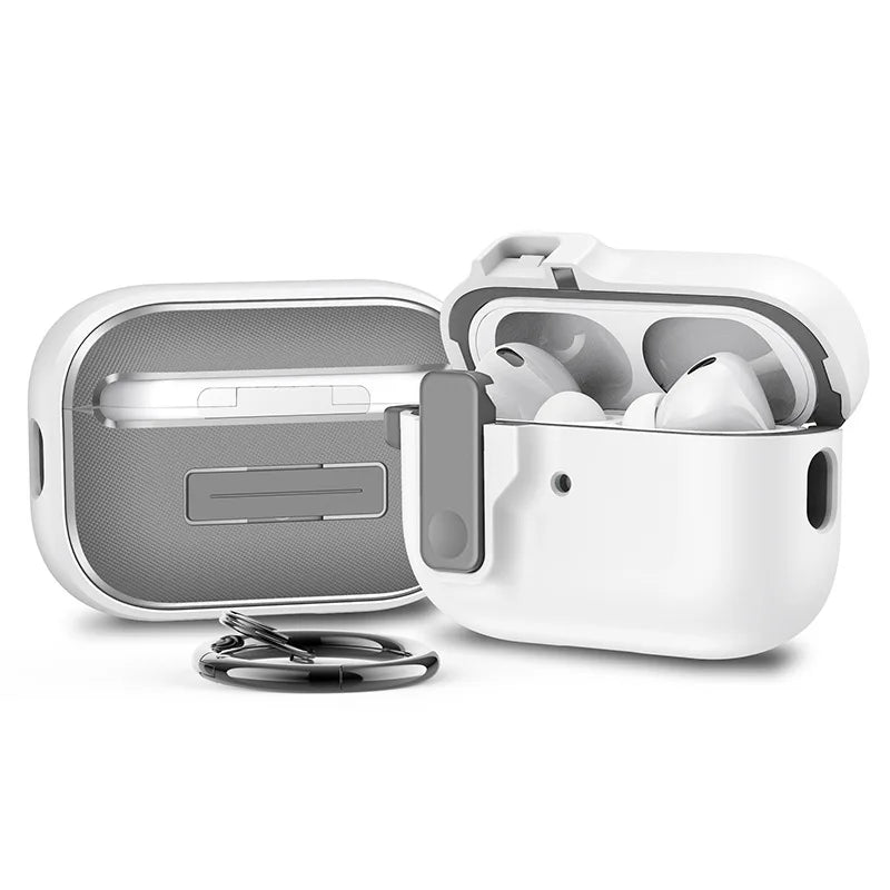 White protective case for AirPods Pro with grey latch closure and matching carabiner.