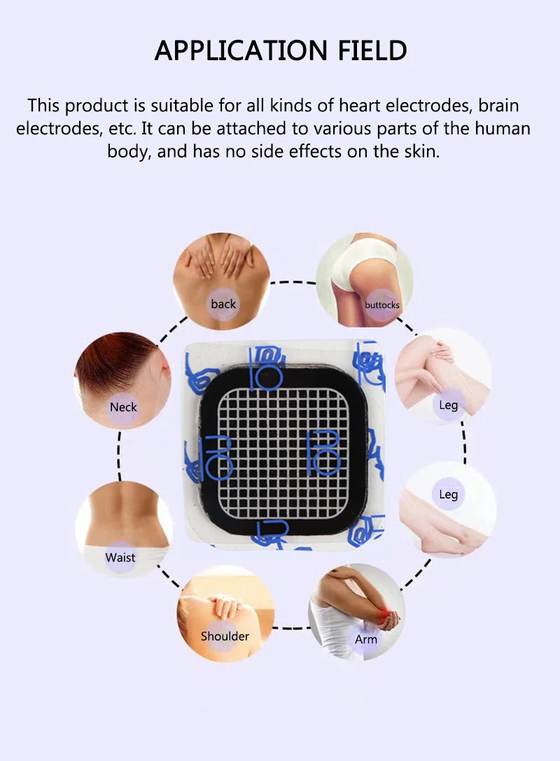 Square black electrode pad with white grid, shown applied to various body areas like the back, waist, and arms.