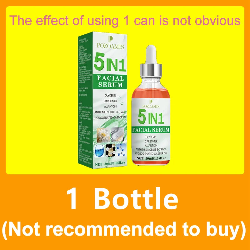 5-in-1 facial serum bottle and packaging box with a pipette dropper, featuring a clear bottle with orange liquid.