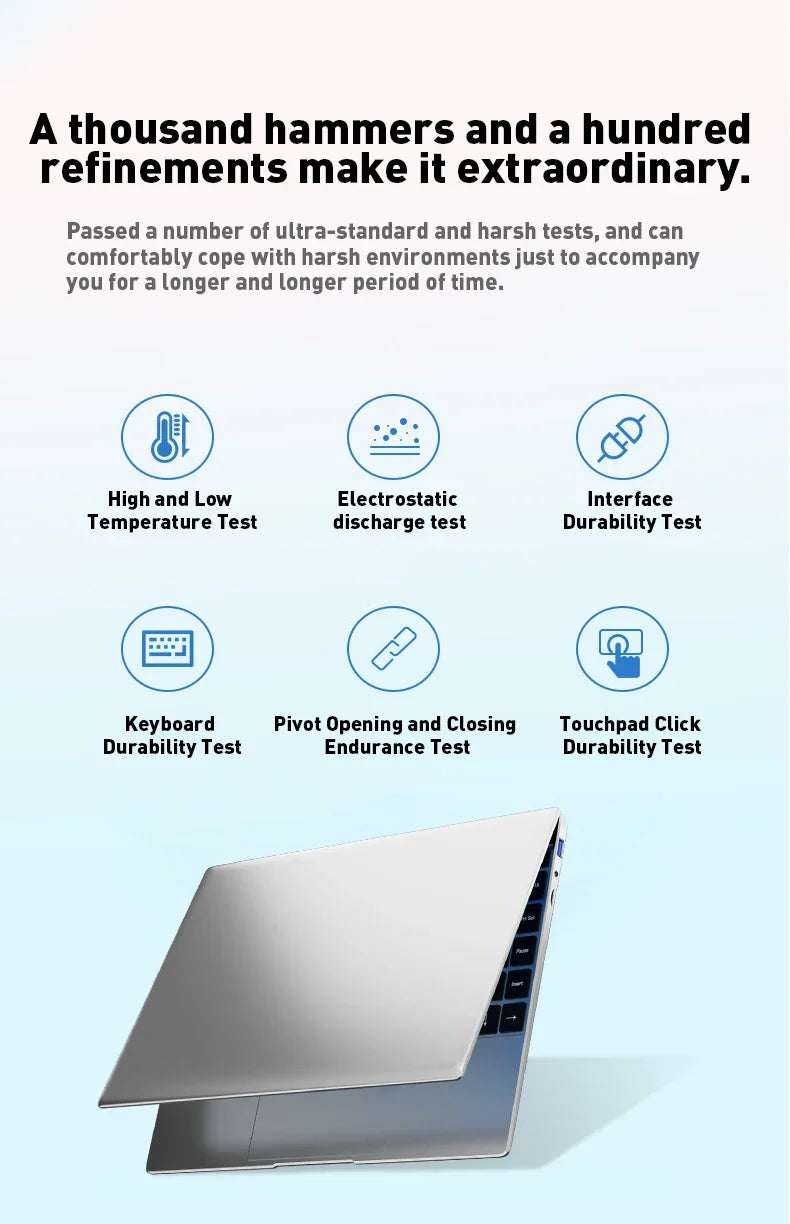 Sleek silver 14.1-inch ultra-slim laptop showing quality assurance icons for durability and performance testing.