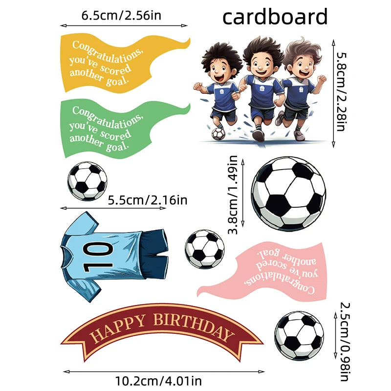 Football-themed cake topper set with cartoon players, soccer balls, goal pennants, and a Happy Birthday banner.