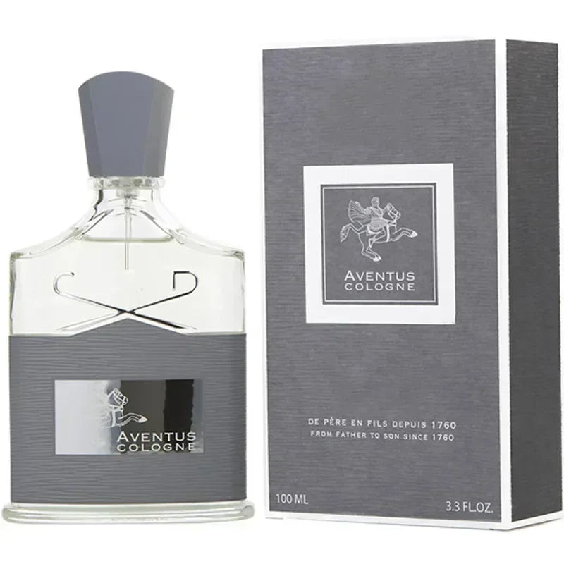 Aventus Cologne 100ml spray bottle with grey cap and textured label, beside a matching grey packaging box.
