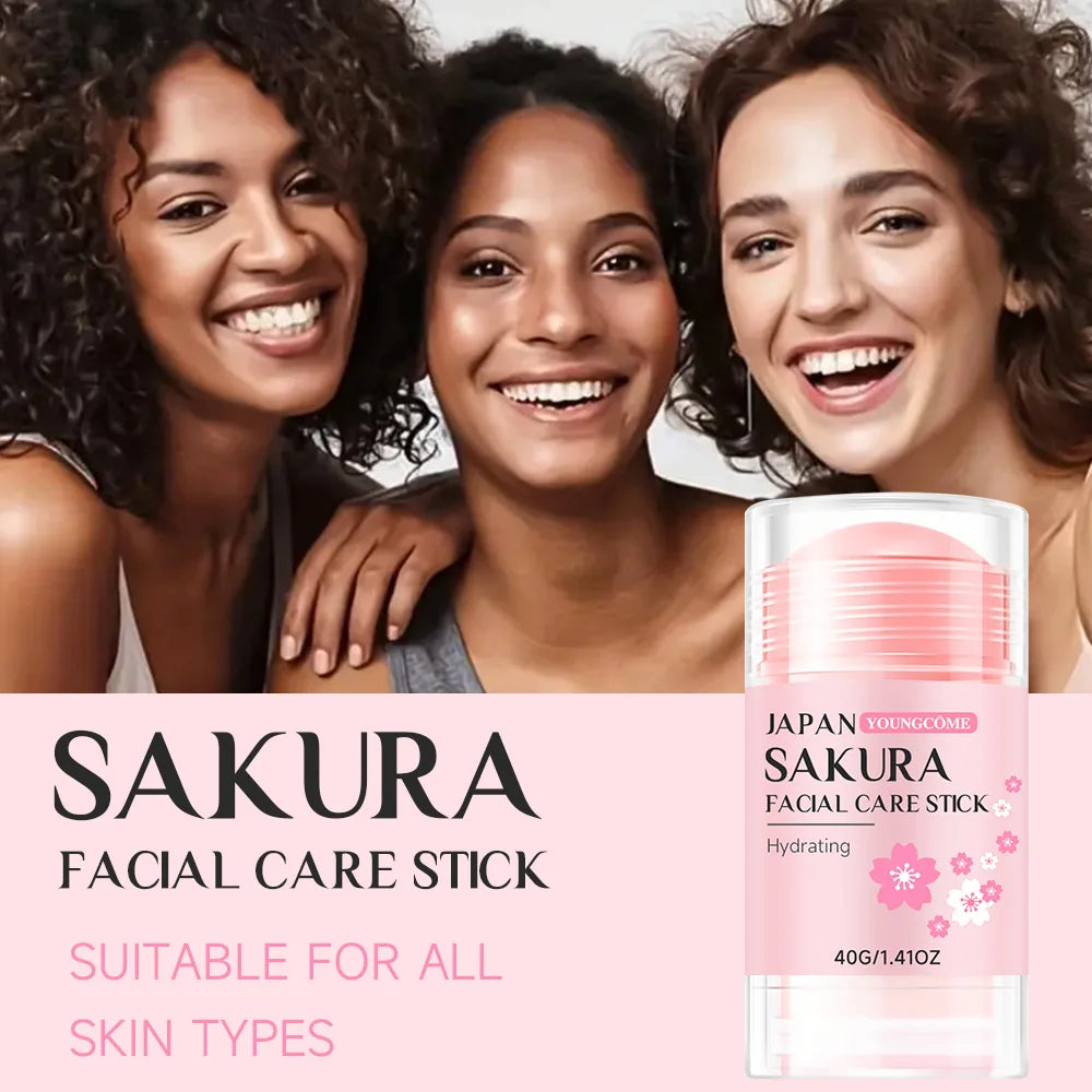 Pink sakura facial hydrating care stick in a 40g twist-up applicator, suitable for all skin types.