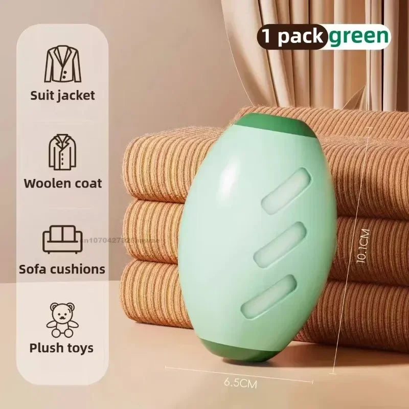 Oval-shaped green lint remover tool shown against folded brown fabrics, with icons listing suitable item types.