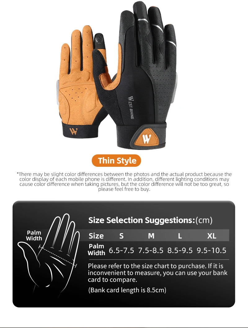 Black and orange cycling gloves featuring a breathable, thin design with an adjustable wrist strap and size chart.