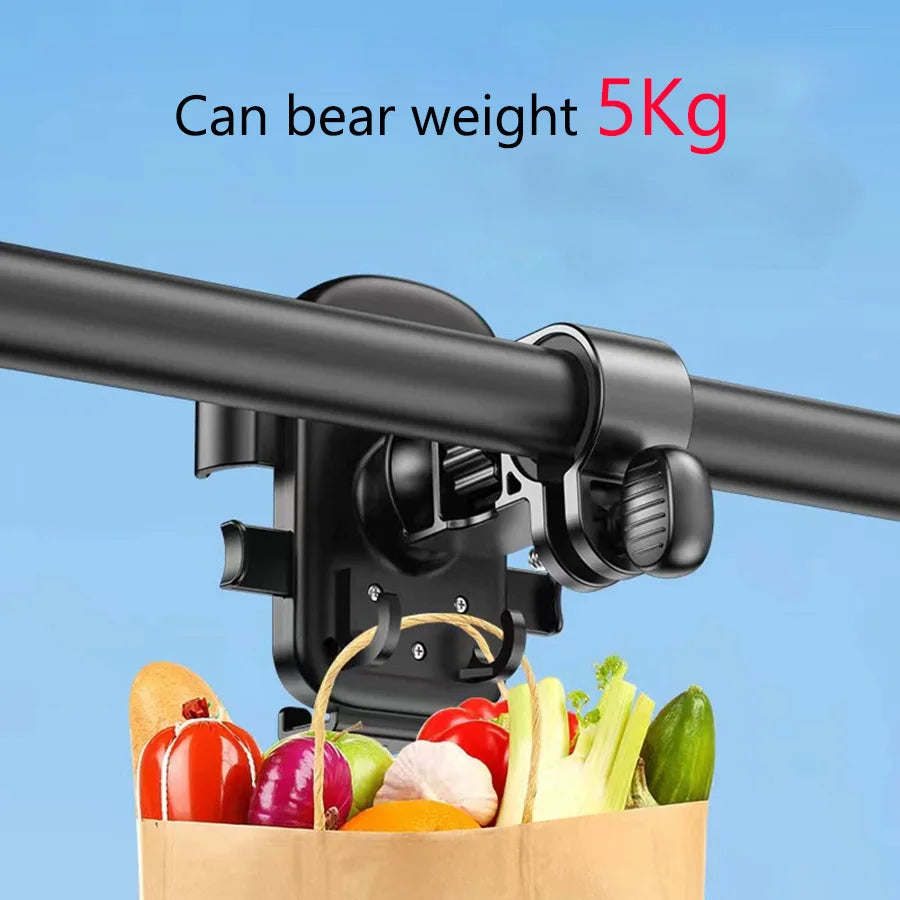 Black heavy-duty clamp hook for poles, supporting up to 5kg, shown holding a grocery bag.