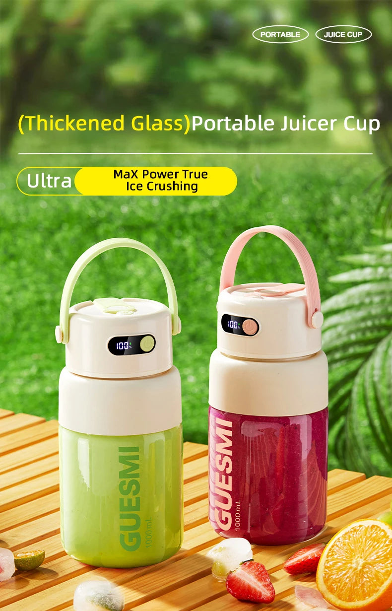 Two portable, thickened glass juicer cups with digital displays, carry handles, and green or pink accents on a table.