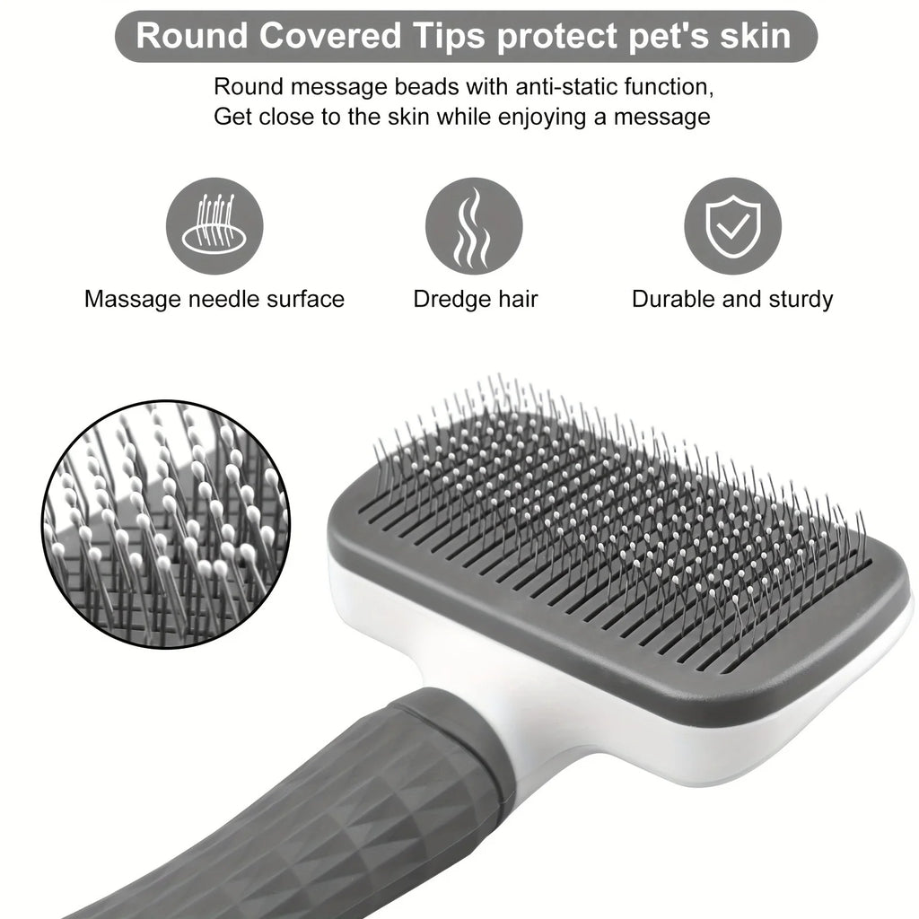 Grey and white pet grooming slicker brush with fine, rounded-tip bristles for gentle detangling.