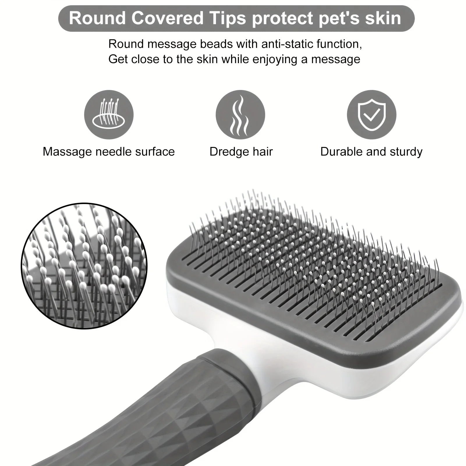 Grey and white pet grooming slicker brush with fine, rounded-tip bristles for gentle detangling.