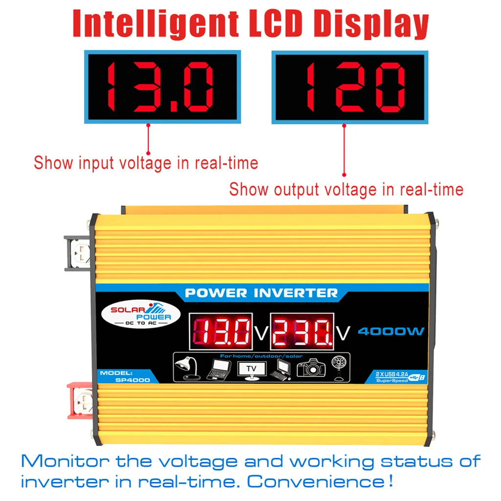 Yellow 4000W DC to AC power inverter with an intelligent LCD screen displaying real-time input and output voltage.