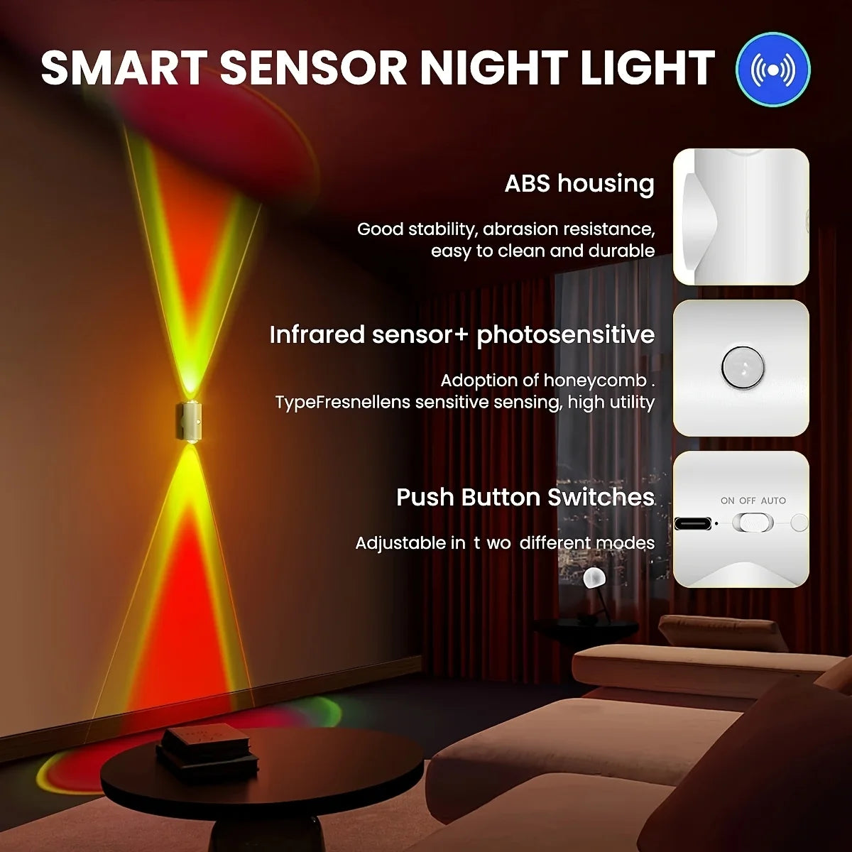 White wall-mounted motion sensor light casting a dual orange and red beam, with close-ups of its sleek ABS design.