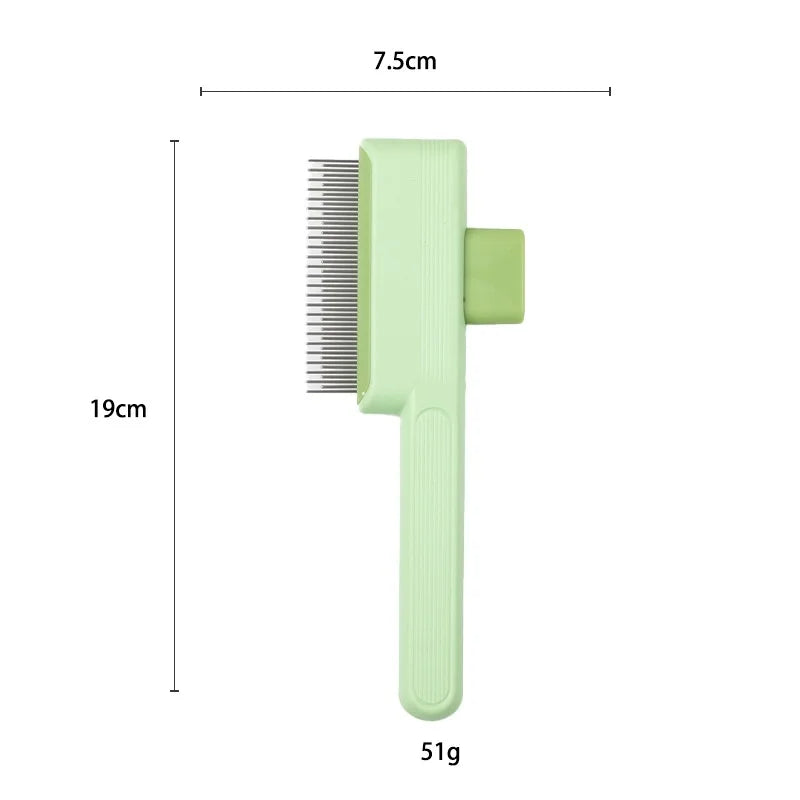 Sage green self-cleaning pet grooming slicker brush, 19cm by 7.5cm, with fine metal bristles and a push-button.