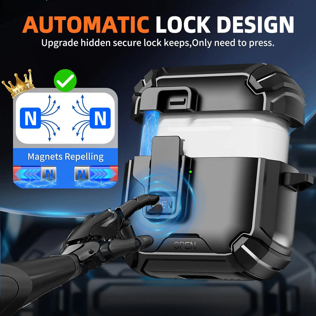 Black shockproof rugged protective case for AirPods with a magnetic automatic lock design and open button.