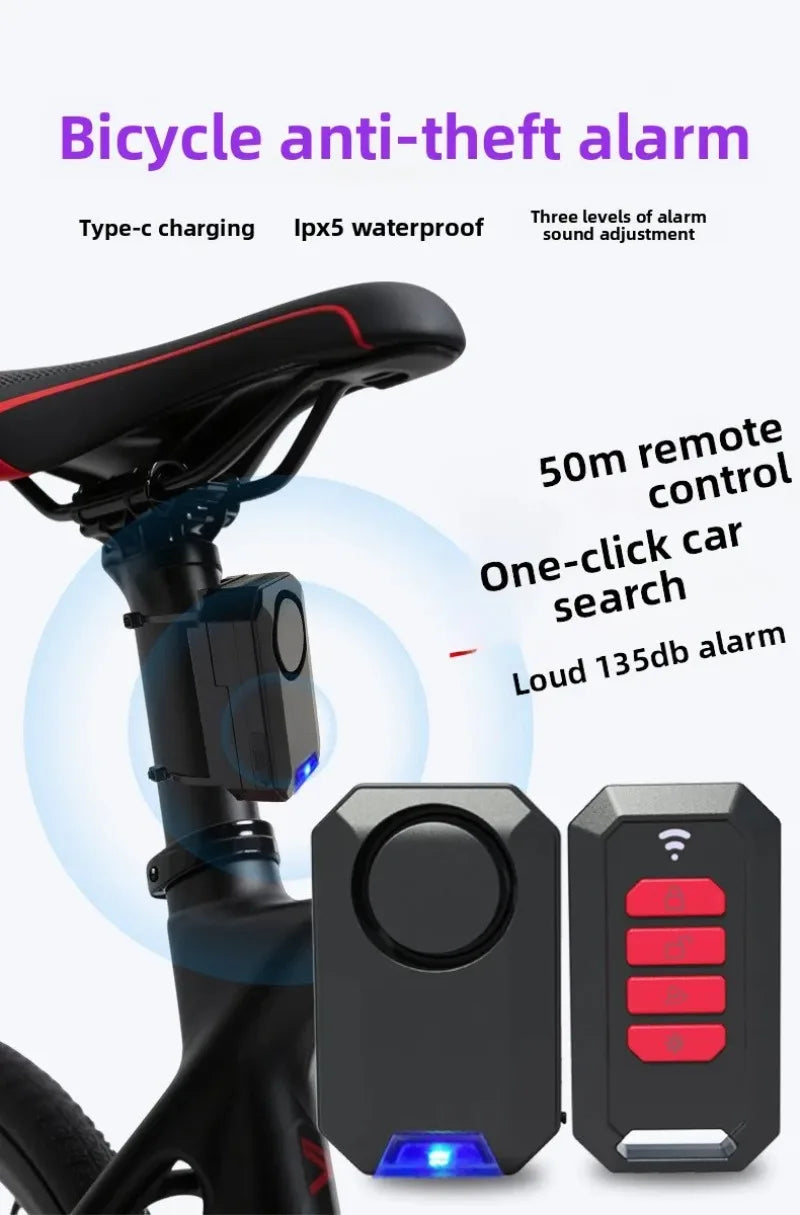Black plastic bicycle anti-theft alarm with a remote control, USB-C charging, IPX5 waterproof rating, and 135db siren.