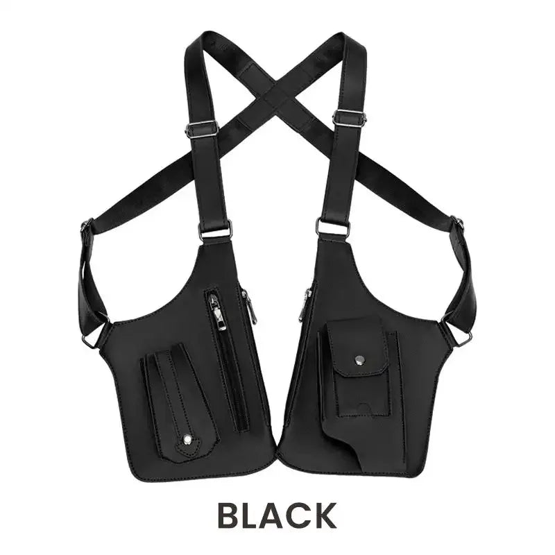 Black tactical double-holster crossbody bag with adjustable shoulder straps, zip pockets, and press-stud closures.