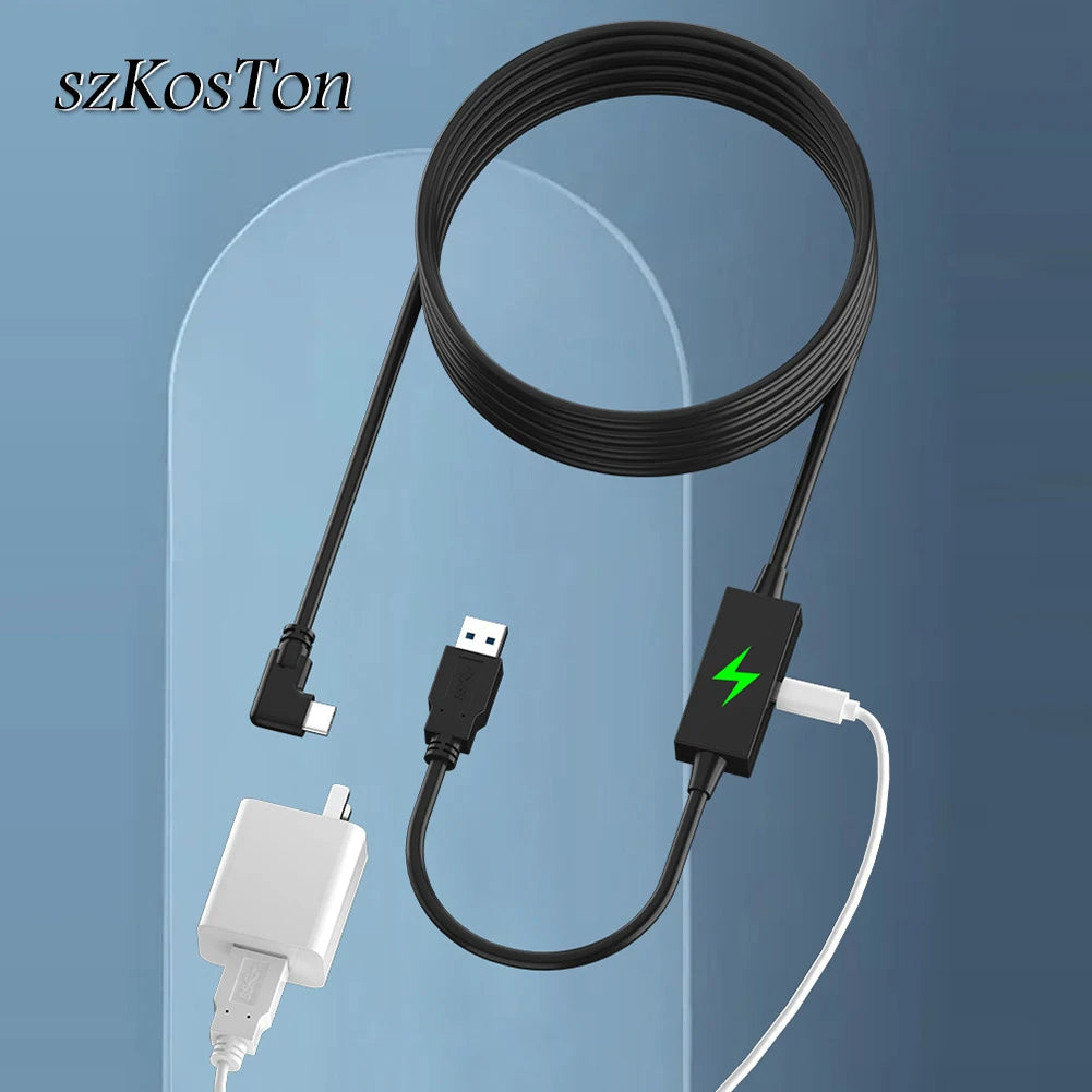 Black VR link cable coiled with a right-angle USB-C connector, standard USB connector, and a power injection box.