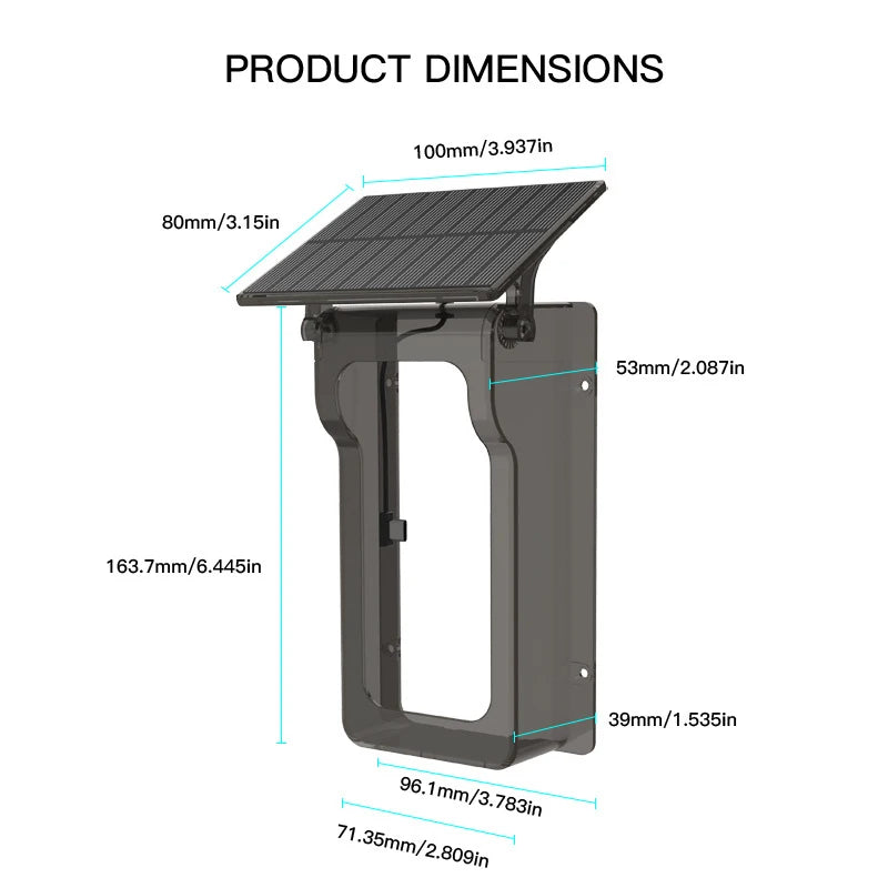 Black wireless smart doorbell bracket with a built-in solar panel rain shield and detailed product dimension labels.