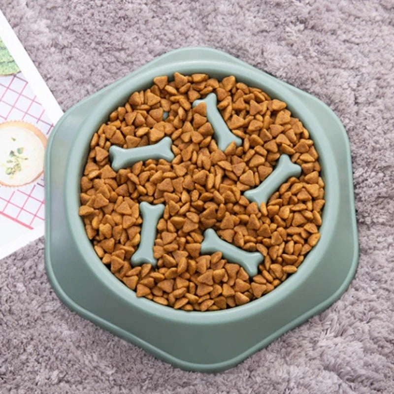 Sage green hexagonal pet slow-feeder bowl filled with dry kibble, featuring internal bone-shaped obstacles.