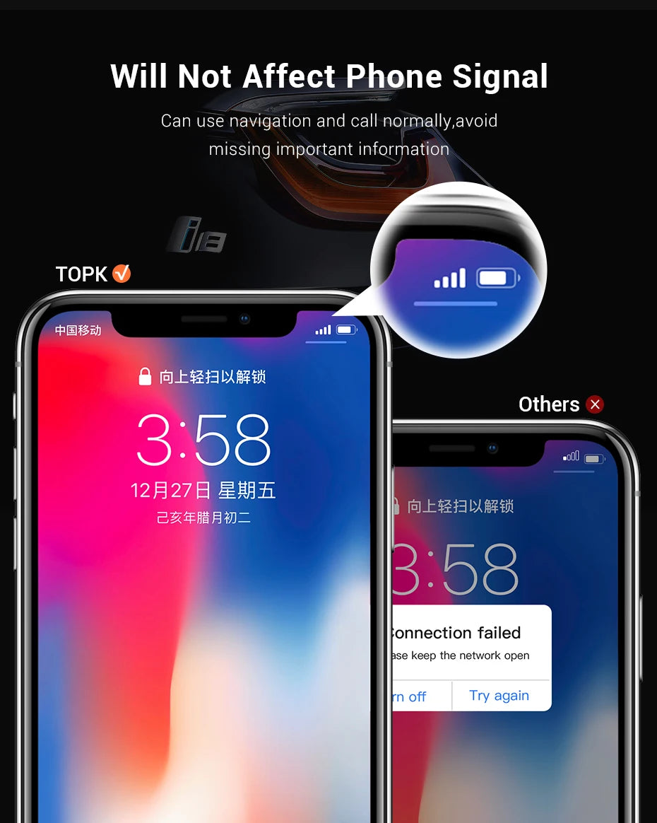Comparison of two smartphones showing a screen protector that does not interfere with signal strength.
