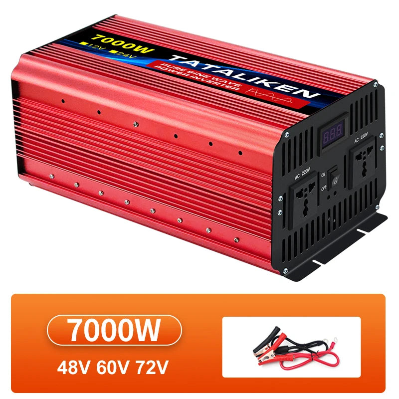 Red 7000W pure sine wave power inverter with a digital display, two AC sockets, and power cables.