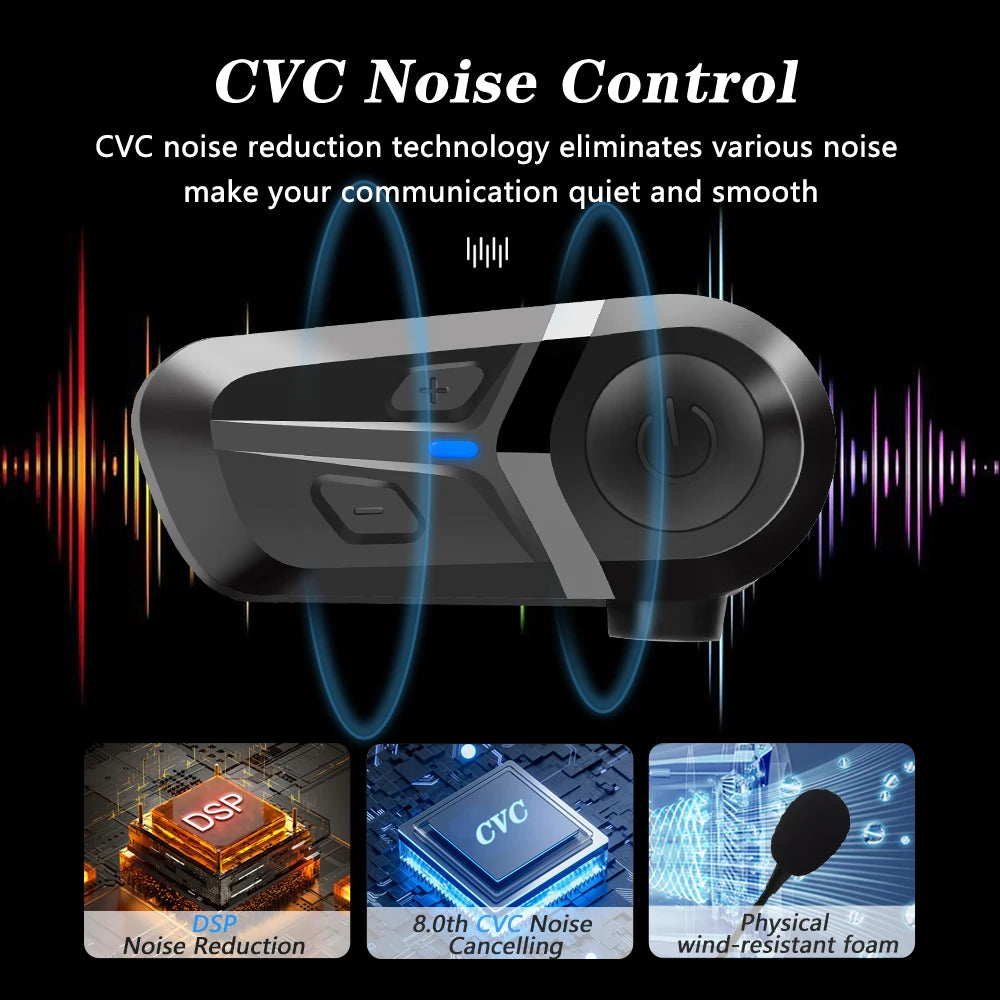 Sleek black wireless motorcycle headset featuring CVC noise reduction, DSP technology, and a wind-resistant microphone.