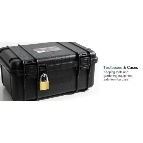 Black plastic equipment case with latch closures and a brass padlock.