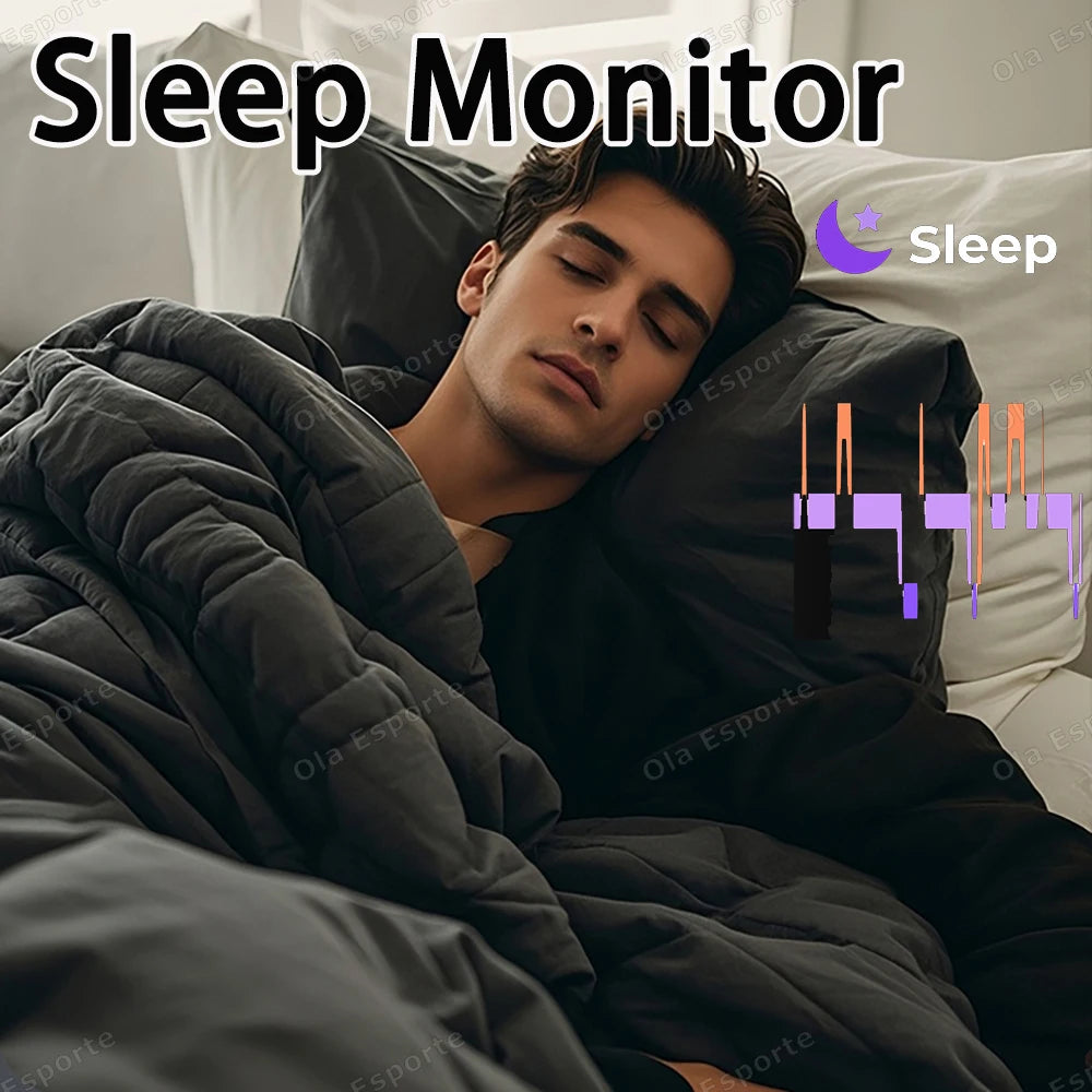 A man sleeping in a dark duvet, accompanied by a digital sleep-tracking chart and a sleep icon.