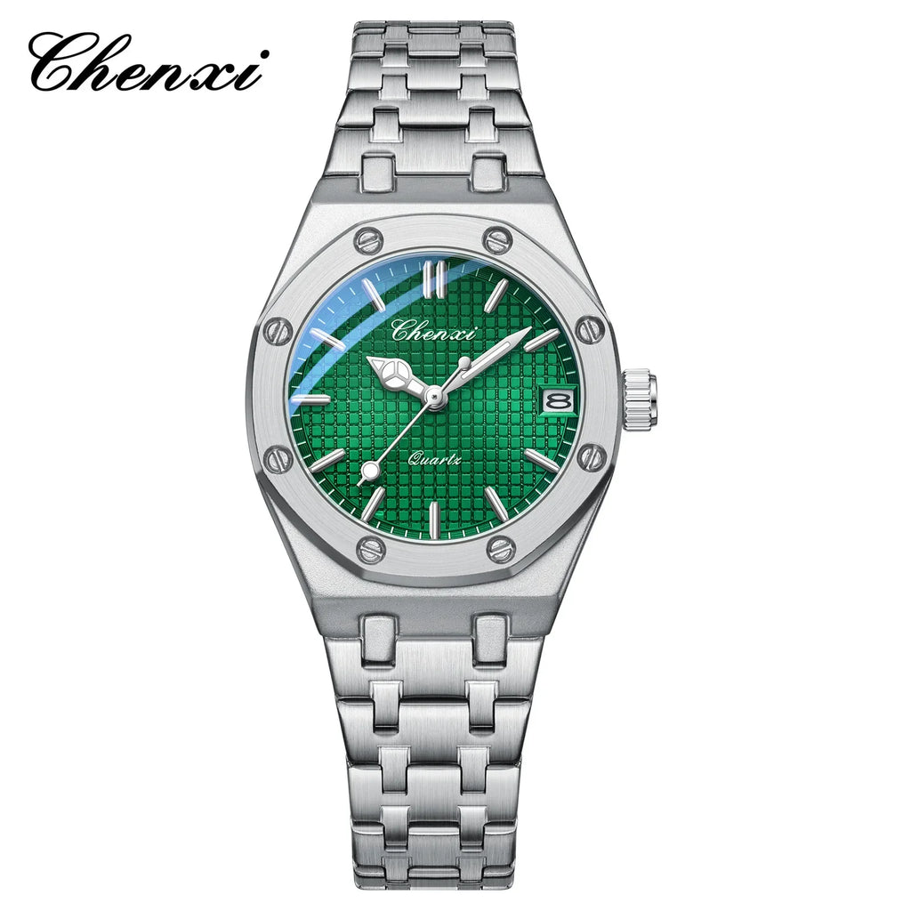 Luxury silver stainless steel analogue watch with a textured green dial and a date window.