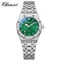 Luxury silver stainless steel analogue watch with a textured green dial and a date window.