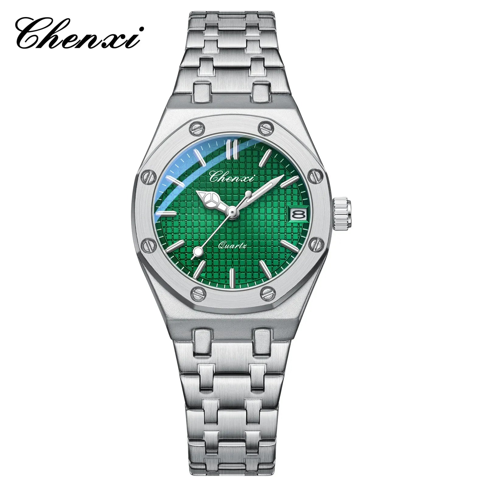 Luxury silver stainless steel analogue watch with a textured green dial and a date window.
