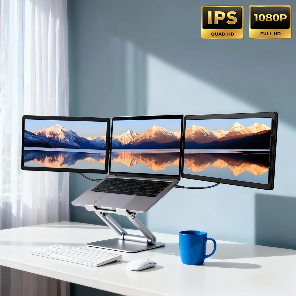 13.3-inch triple-screen laptop monitor set-up in black on a silver adjustable stand. FHD displays show mountain views.