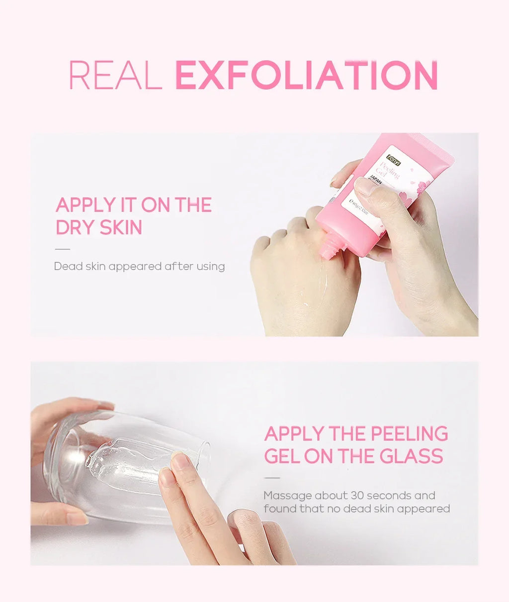 Pink tube of exfoliating peeling gel being applied to skin to remove dead skin cells in a demonstration.