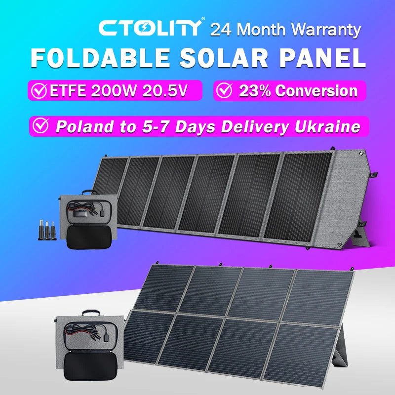CTOLITY 200W foldable solar panel in 7-panel and 8-panel configurations, with carrying cases and connector cables.