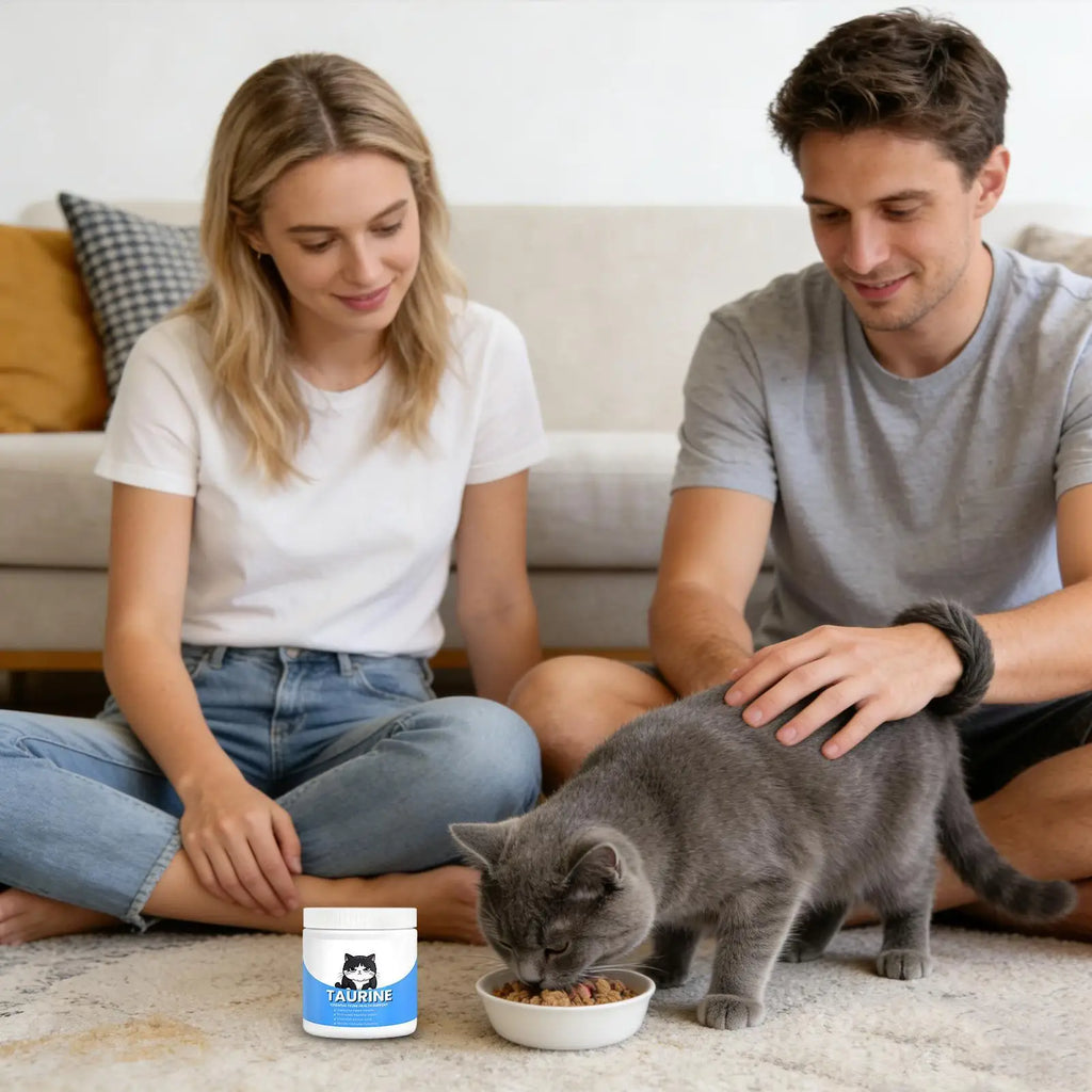 A white tub of Taurine cat health supplement sits on a carpet next to a grey cat eating from a bowl.