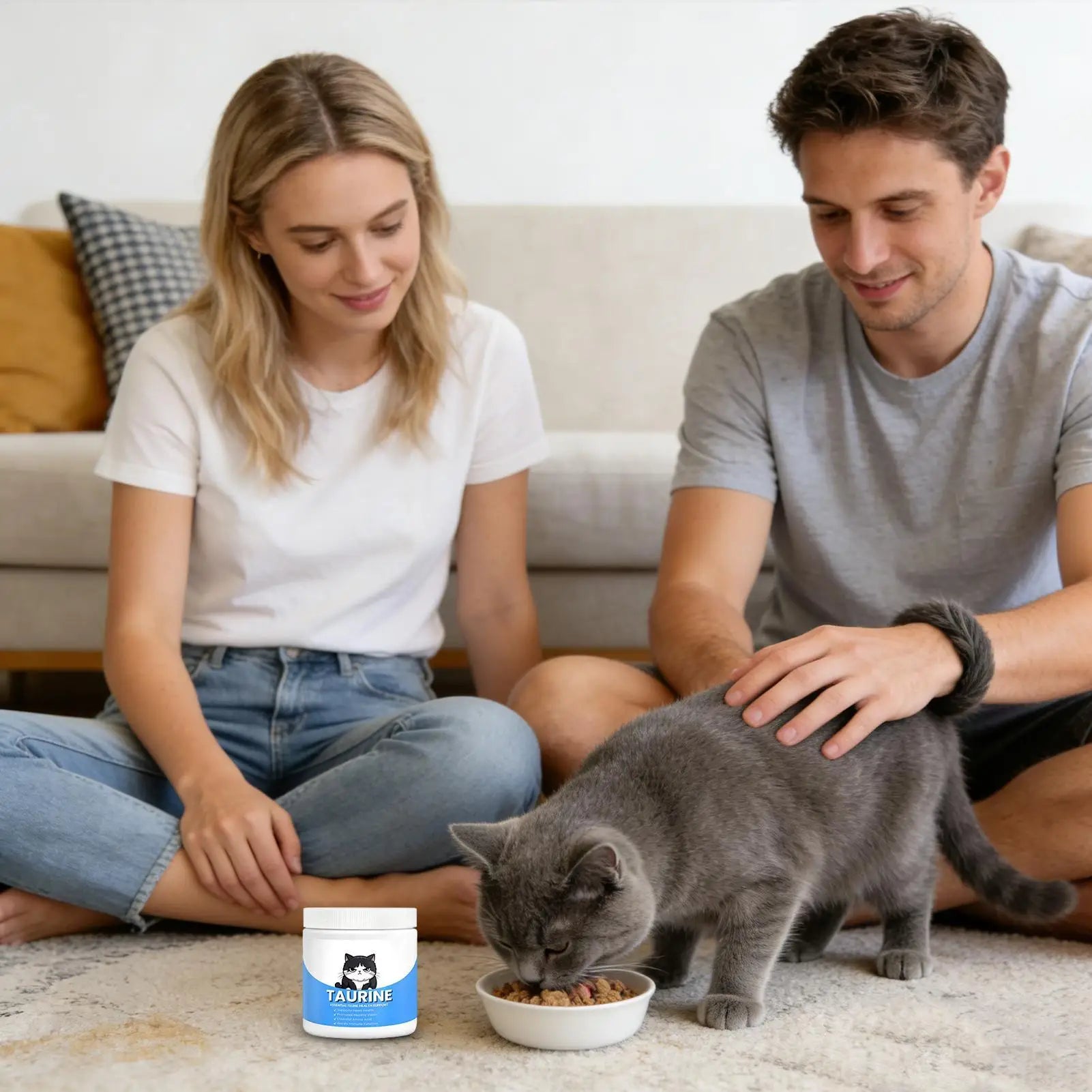 A white tub of Taurine cat health supplement sits on a carpet next to a grey cat eating from a bowl.