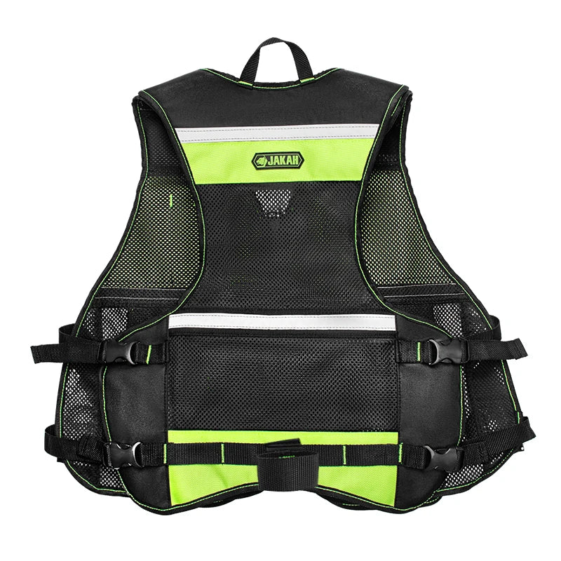 Heavy-duty black and neon green mesh tool vest with adjustable buckle straps and reflective detailing.