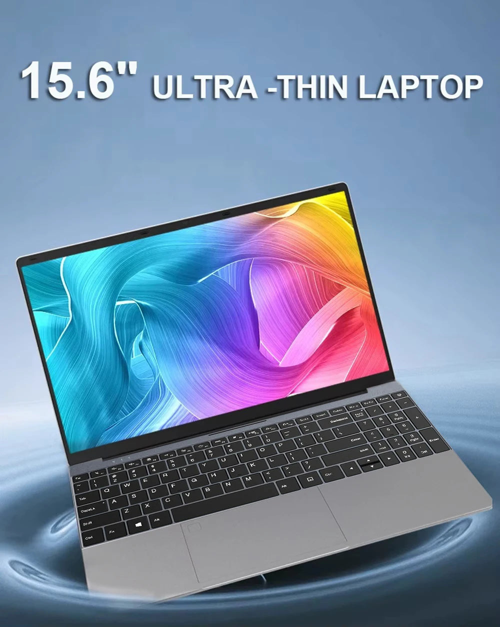 Sleek silver 15.6-inch laptop with a vibrant abstract screen, slim bezels, and a full-size black keyboard.