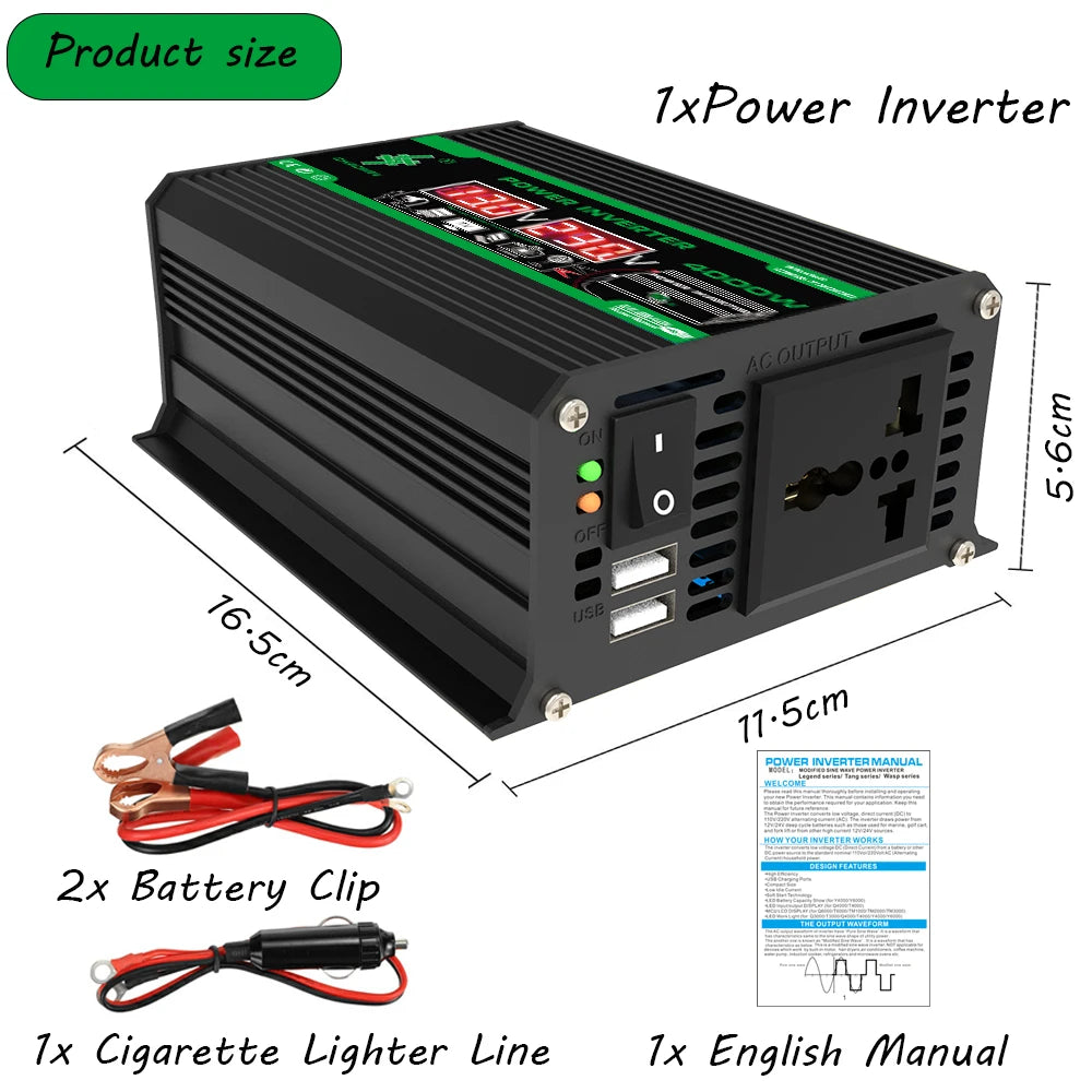 Black 400W portable power inverter with LED display, USB ports, AC output, battery clips, and car adapter cable.