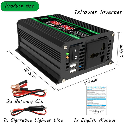 Black 400W portable power inverter with LED display, USB ports, AC output, battery clips, and car adapter cable.