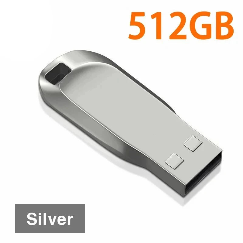 Sleek, silver metal USB flash drive with a built-in keyring hole, displaying 512GB storage capacity.