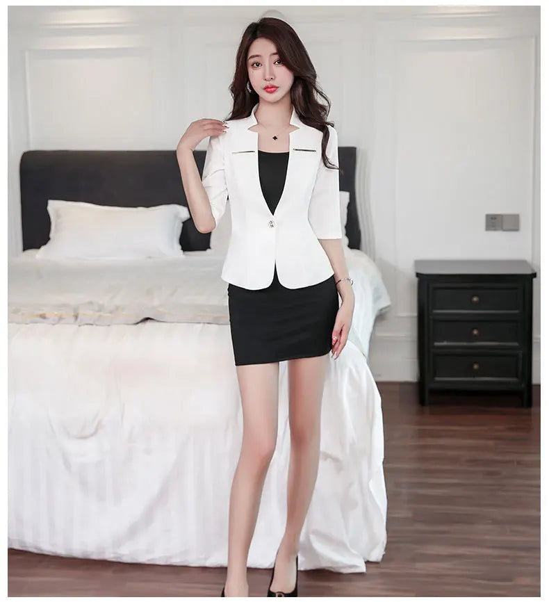Model wearing a white, single-button, three-quarter sleeve blazer over a black mini dress.
