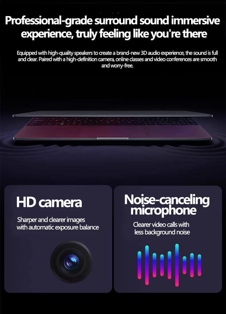 Sleek, dark grey 15.6-inch laptop highlighting high-quality speakers, an HD camera, and noise-cancelling microphone.