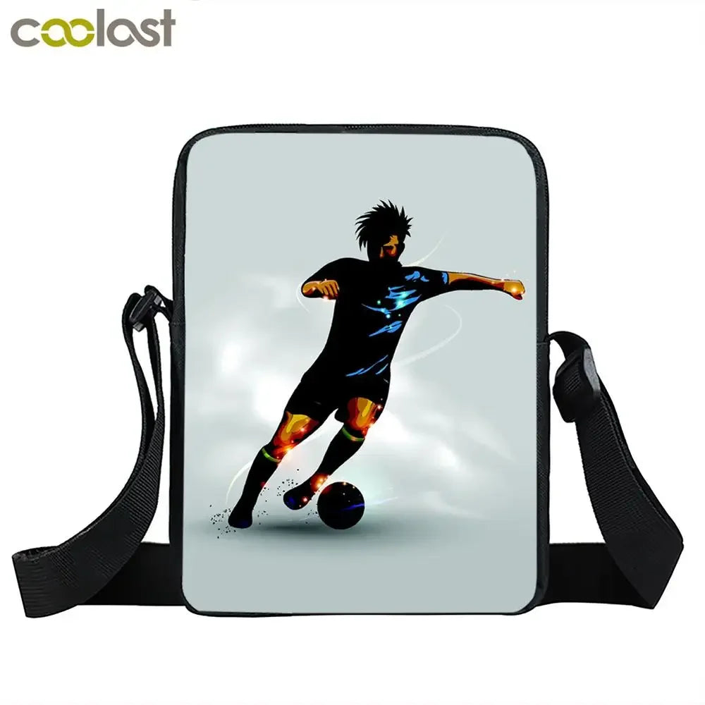 Small rectangular crossbody bag in grey, featuring a black silhouette of a footballer kicking a ball.