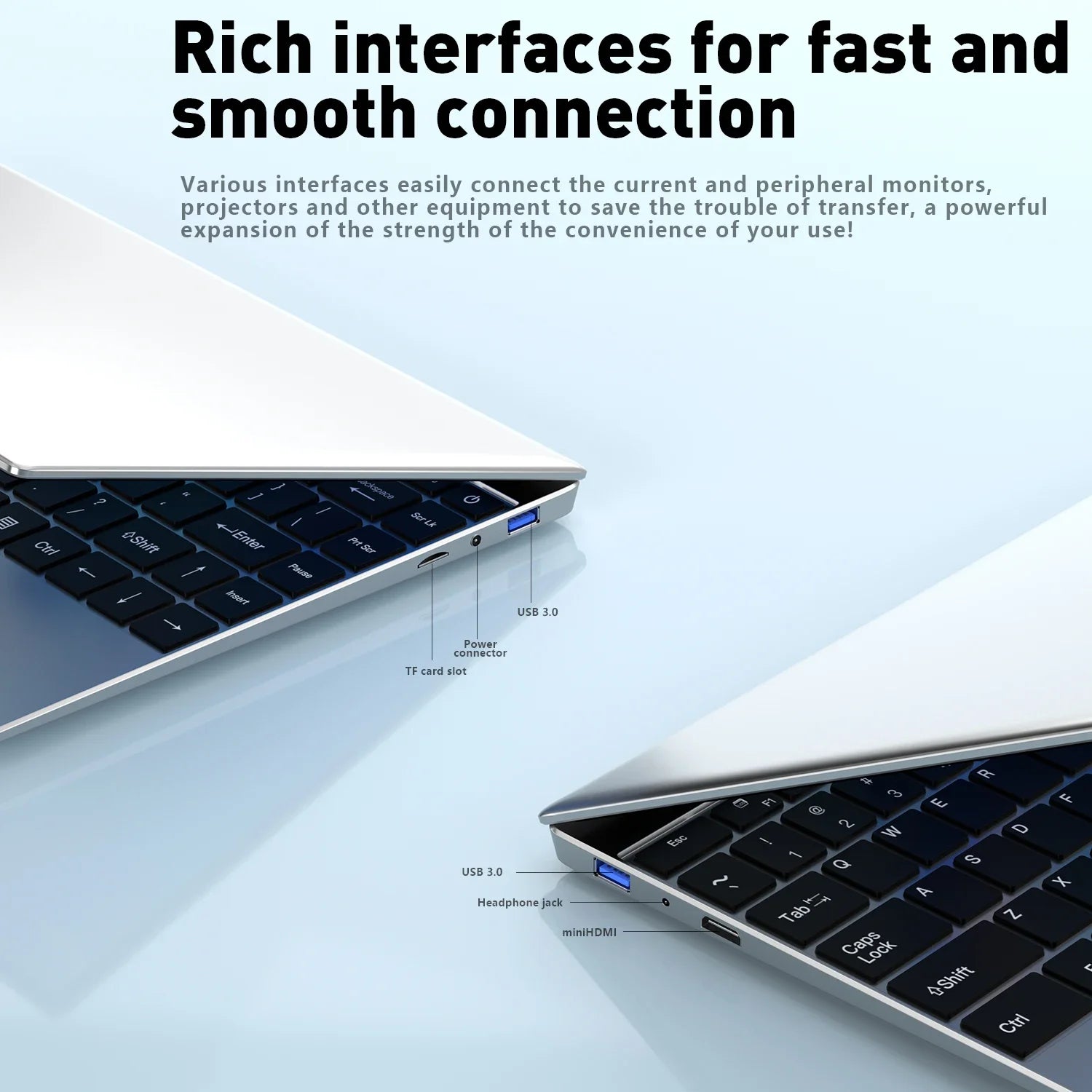 Silver ultra-slim laptop showing side ports including USB 3.0, HDMI, and headphone jack.